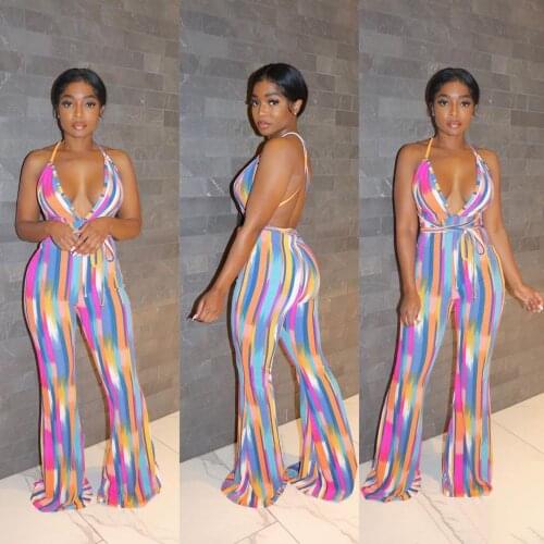 Summer sexy fashion trendy womens clothing, deep V halter straps, colorful printed jumpsuits