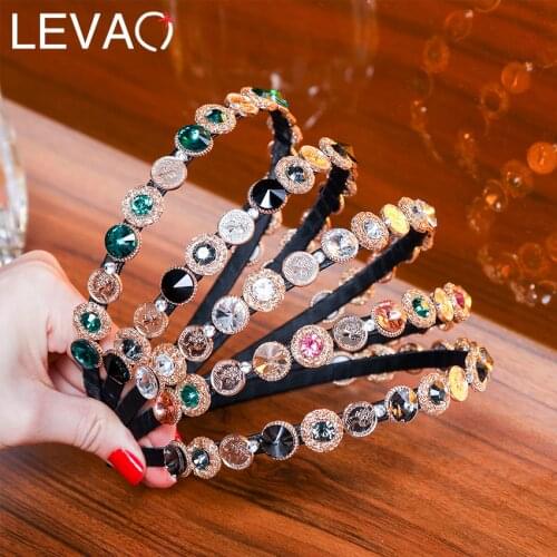 LEVAO Baroque Coins Rhinestone Headbands Temperament Retro Crystal Thin Hair Hoops Girls Alloy Crown Square Rhinestone Hairbands