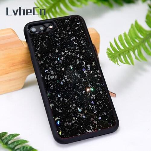 LvheCn Silicone Rubber Phone Case Cover for iPhone 6 6S 7 8 Plus X XS XR 11 12 Mini Pro Max Moon & Star Sequin