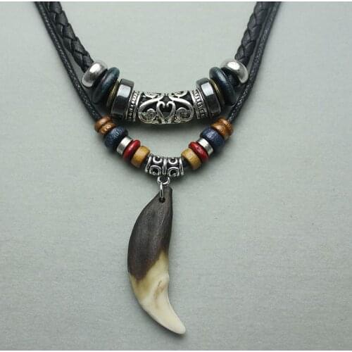 Mens Charm Choker Wolf Tooth Pendant Genuine Leather Alloy Necklace Retro Ethnic Style