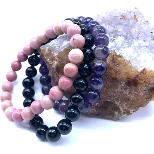 8 mm Stone Beads Bracelet Sets Amethysts Rhodonite Black Agates Beaded Men Women Elastic Natural Bangle Drop Shipping