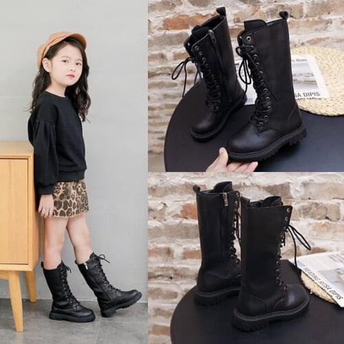 Autumn Winter Kids Boots For Girls Fashion Cool Rubber Boots Knee-high Childrens Motorcycle Boots Long Boots Boots Black