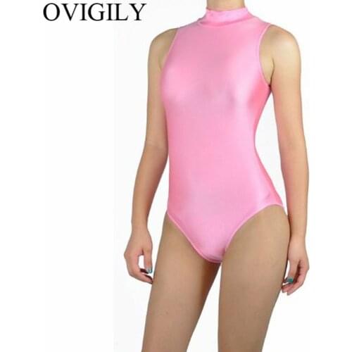 OVIGILY Womens Pink Leotard For Gymnastics Girls Spandex Turtleneck Sleeveless Dance Leotards Ballet Stage Costumes Black Tops