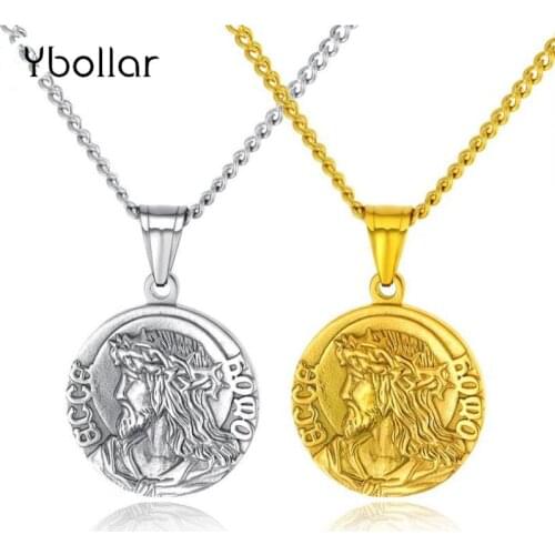 Stainless Steel Women Men Necklace Round Coin Jesus/Virgin Mary Pendant Chain Choker Necklace Statement Jewelry Gift