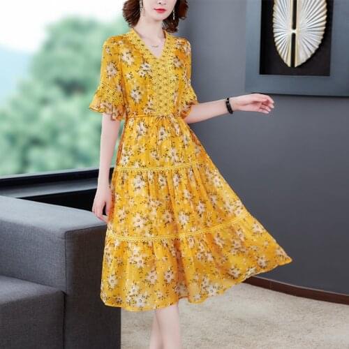 Yellow Floral Mulberry Silk V-Neck Elegant Midi Dresses 2021 Vintage Summer 2XL Plus Size Sundress Female Bodycon Party Vestidos