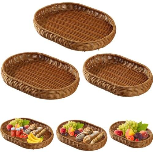 Rattan Handwoven Round Serving Tray Food Storage Plate With Wooden Handles Wicker Basket Wooden Tray For Fruit Tea Breadbasket