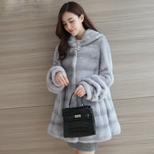 2019 new Real mink fur coat female winter long section hooded mink fur mink dress long sleeve out of service