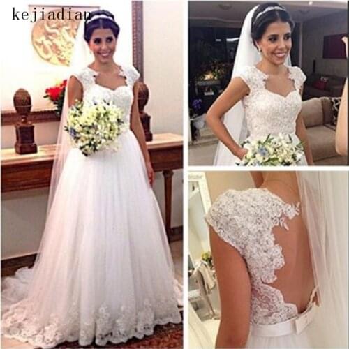 Vestido Noiva Cap Sleeve Lace Appliques See Through Back Bow Wedding Dress Vintage wedding gown Bride Dress Robe de mariage