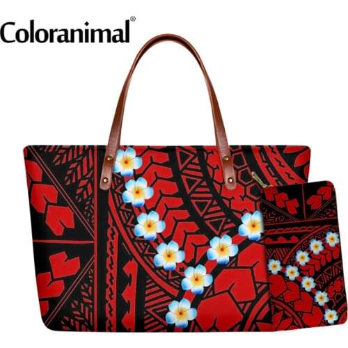 Coloranimal Pretty Polynesian Tribal Plumeria Printed Women Shoulder Bag Large Capacity Tote Handbag 2Pcs/Set Messenger Blosa