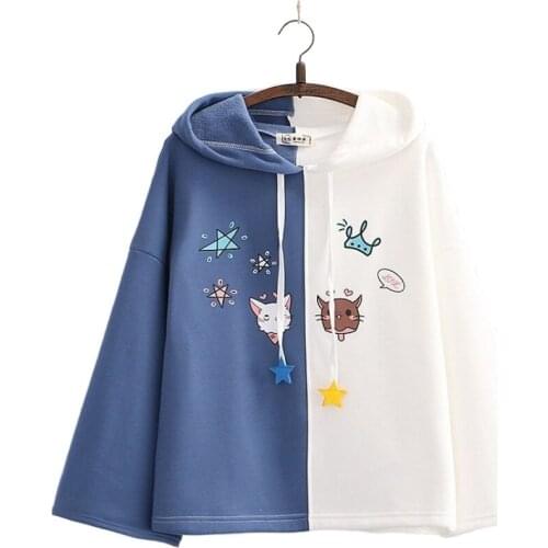 Womens Japan Style Plus Velvet Loose Patchwork Hoodies Star Cat Print Hooded Warm Padded Sweatshirt Girl Pullovers 209387