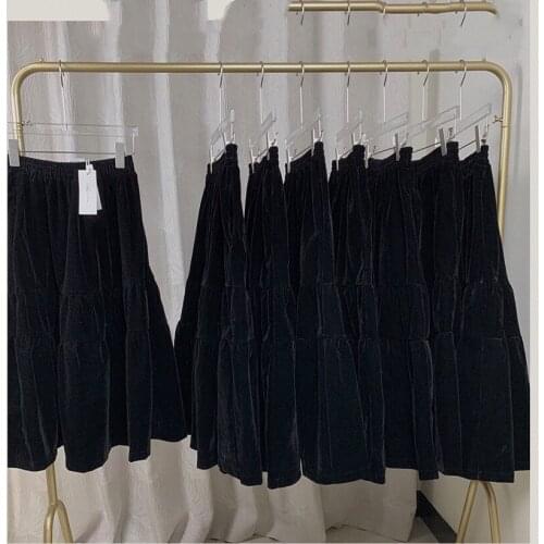 Vintage velvet ball gown skirt women winter high waist French style party mid calf skirt