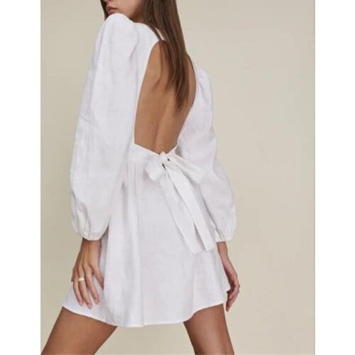 Women White Open Back Puff Sleeves Brodie Linen Dress Princess Mini Dress