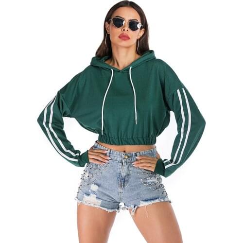 Fall 2020 Women Navel Cropped Short Hooded Women Batwing Sleeved Thin Casual Striped Hoodies