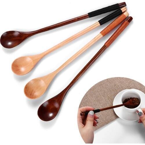1PC Handmade Long-handled Wooden Spoons Rice Soup Tea Scoops Desserts Condiment Tools Traditional Kitchen Dining Tableware