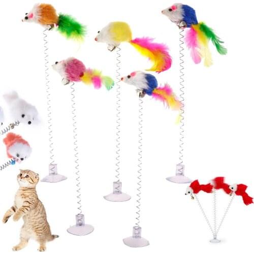 2pcs Funny Pet Toys Colorful Feather Mouse Sucker with Spring Plush Mouse Cat Playing Toys