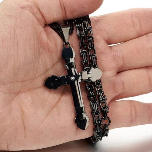 5mm High Quality Stainless Steel New Pure Black Men Gift Byzantine Chain Christian Jesus Cross Crucifix Pendant Necklace 18"-40"