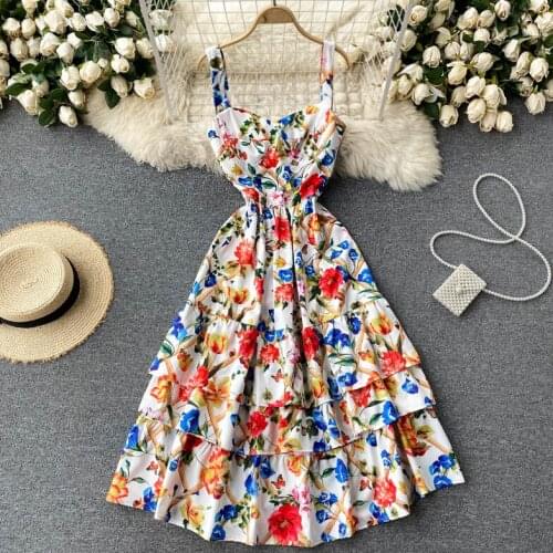 Summer Womens Dress Korean Holiday Style Square Neck Print Ruffled Suspender Dress New Waist Female Slim Dresses DE419