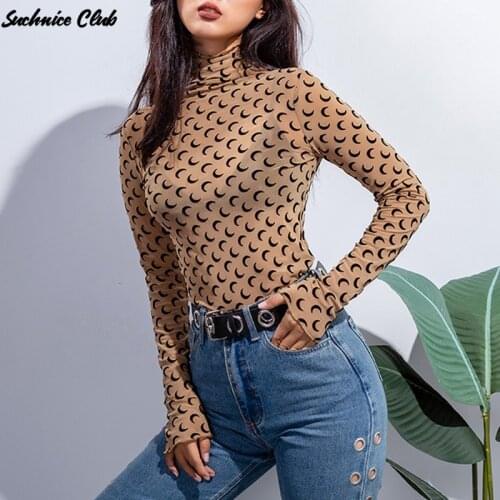 Summer Moon Print T Shirt Spring Women Turtleneck Long Sleeve Skinny Tops Tee Casual Elegant Bodycon T-shirts