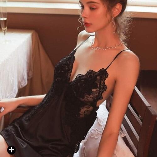 Summer Womens Strap Nightgown Thin Solid Sexy Sleepwear Mini Deep V-Neck Gown Satin Ice Silk Hollow Out Nightie With Chest Pads