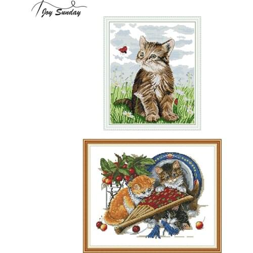 Joy Sunday DMC Cross Stitch Kits Sale Cat and Ladybird Patterns Printed on Canvas Aida Fabric Embroidery Kit DIY Hand Needlework