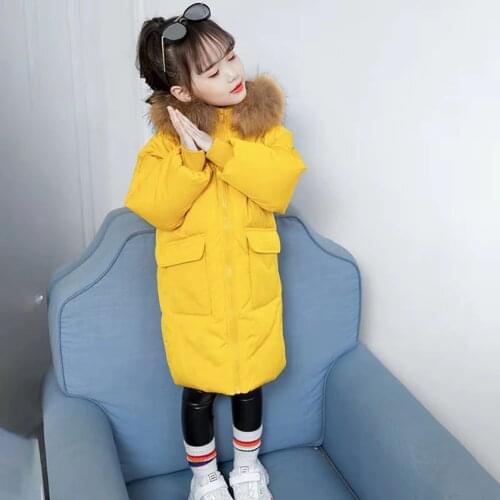 2019 New Style Winter Jacket For Girls Fur Hooded Coat Long Outerwear Kids Warm Parkas Jacket Snowsuit Black/Red/Yellow Colors