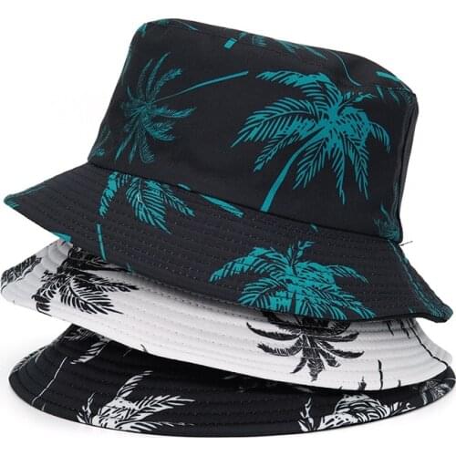 Bucket-Hats Tropical Palm Tree Leaves Print Sunscreen Men Women Panama Hat Cotton Fashion Anti-sun Hip Hop Fisherman Cat