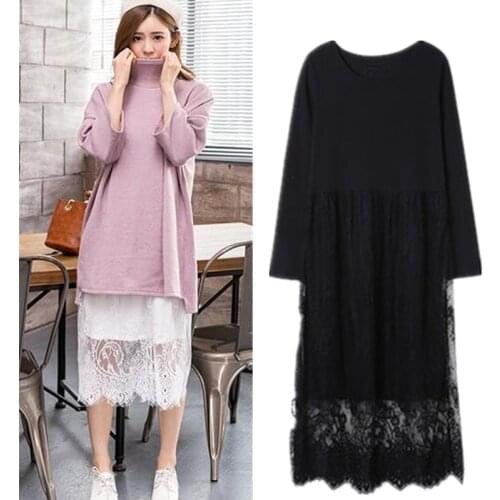 2020 New comfortable brand modal lace dress,Korean style long sleeve patchwork black white Party Dresses,plus size dress S-6XL