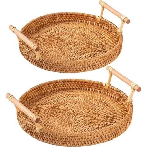 Rattan Storage Tray Round Basket with Handle Hand-Woven Wicker Basket Bread Fruit Food Breakfast Display Kitchen Storage Tray