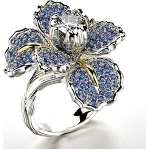 Luxury Big Flower Shape Micro Pave Zircon Ring Blue Crystal Party Engagement Ring Elegant Silver Color Wedding Rings For Women