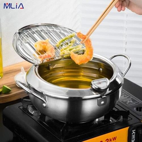 MLIA 24CM Japanese Deep Frying Pot Oil Fryer with a Thermometer and a Lid 304 Stainless Steel Kitchen Tempura Fryer Pan