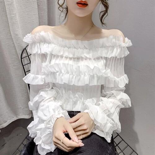 Womens Spring Autumn Style Chiffon Blouse Shirt Womens Off Shoulder Sexy Long Sleeve Ruffles Solid Color Sweet Tops SP1268