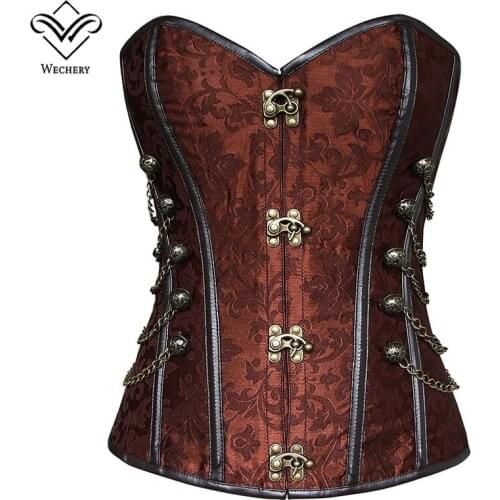 Wechery Plus Size Brown Retro Steampunk Bustier Sleeveless with Chains Overbust Corset Sexy Tops Gothic Clothing for Women S-6XL