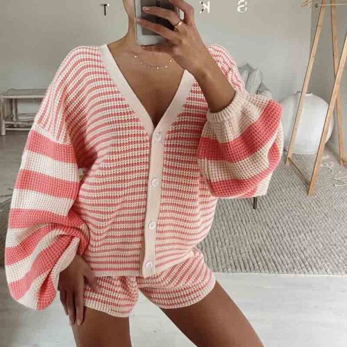 Womens Stripe Cardigan Coat Shorts Two Pieces Suits Lantern Long Sleeve Loose Coat Short Casual Sets 2021 Autumn New Fashion