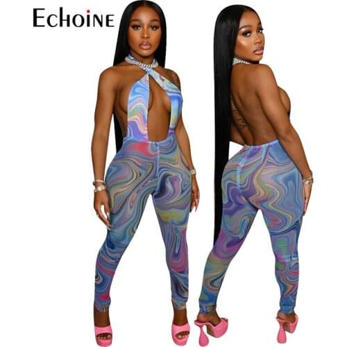 Echoine Women Sexy Print Halter Jumpsuit Skinny Fitness Rompers Beach Club Sleeveless Elastic Workout Playsuit One Piece Outfit