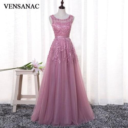 VENSANAC 2018 O Neck A Line Lace Appliques Long Evening Dresses Elegant Pearls Party Illusion Back Sash Prom Gowns