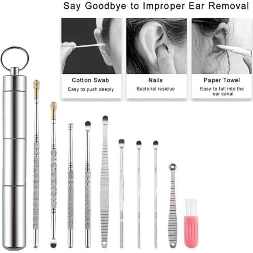 10 Pcs Ear Pick Earwax Removal Kit Cleaning Set Cleaner Curette Kit Mini Spoon Cleaning Brush Cleansing Tool