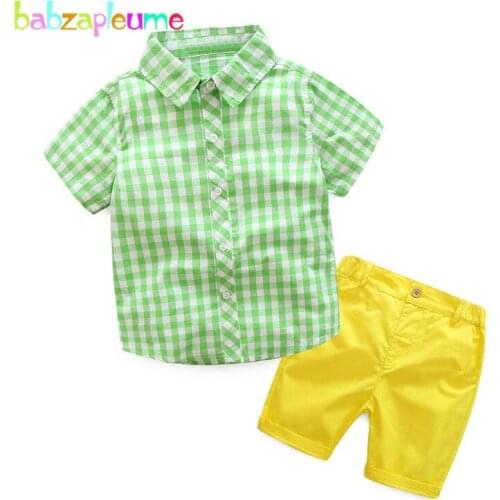2PCS/3-7Years/Summer Baby Boys Clothes Gentleman Kids Suits Casual Green Plaid Shirt+Yellow Shorts Children Clothing Sets BC1151