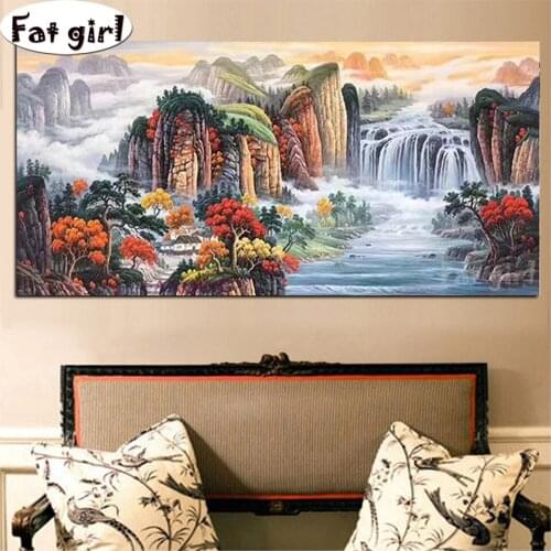 5D Diy Mountain and River full square round Drill embroidery Chinese landscape Diamond Painting Cross Stitch Decoration poster