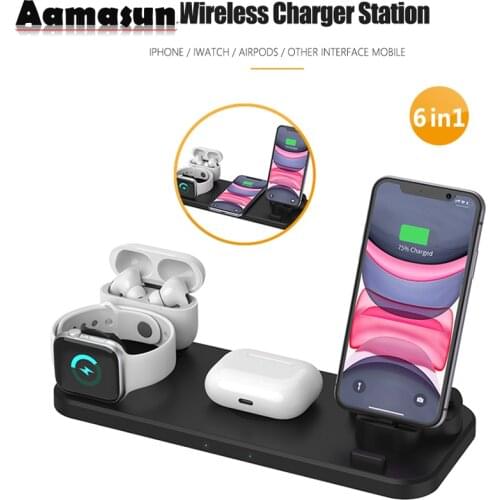 6 in 1 Wireless Charger Stand Mobile Phone Quick Charge Dock Micro USB Type-C for iPhone iWatch 5 4 3 Airpods Wireless Charging