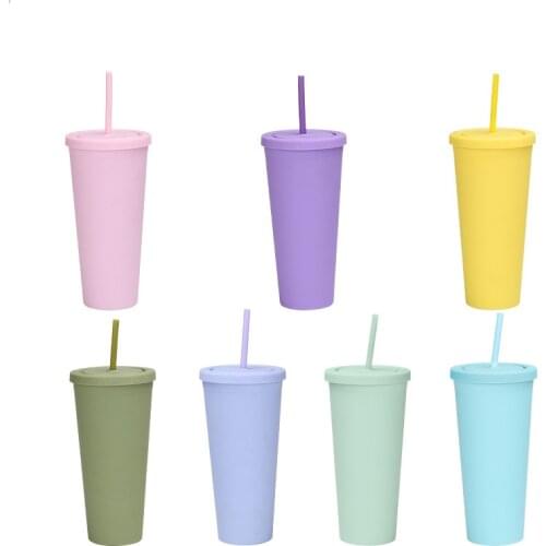 24oz Double-layer Plastic Solid Color Coffee Cup With Lid Beer Mug Drink Fruit Tea Cup With Straw Travel Mug