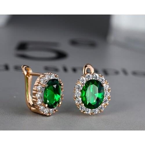 Luxury Female Round Earrings Korean Small Rose Gold Color Clip Earrings For Women Green Diamonds Wedding Earrings