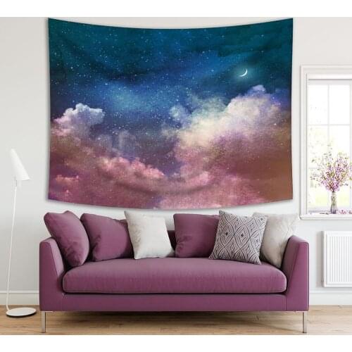 Tapestry Clouds New Moon and Stars Planets Mysterious Universe Romantic Space View Printed Purple Blue Pink