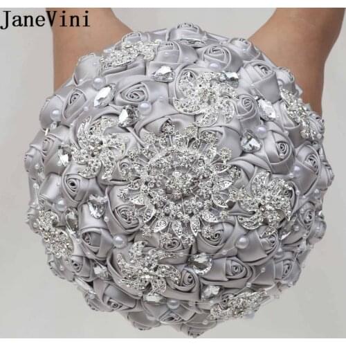 JaneVini Luxury Silver Crystal Wedding Bouquet Bride Hand Jewelry Rhinestone Diamond Satin Rose Bridal Brooch Flower Accessories