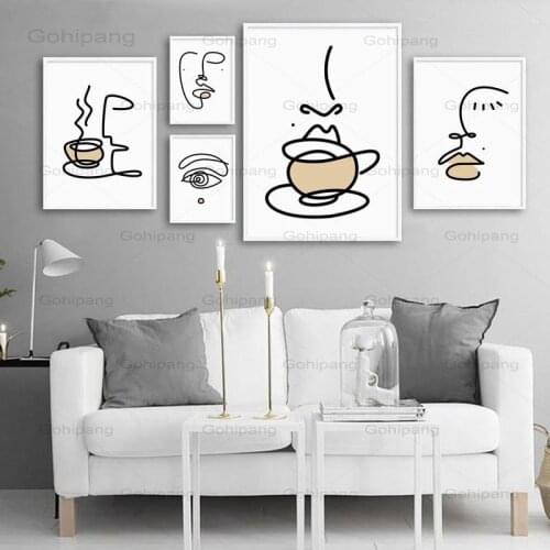 Canvas Painting Line Eye Face Coffee Tea Wall Art Print Nordic Poster Modern Wall Pictures for Living Room Dining Kitchen Decor