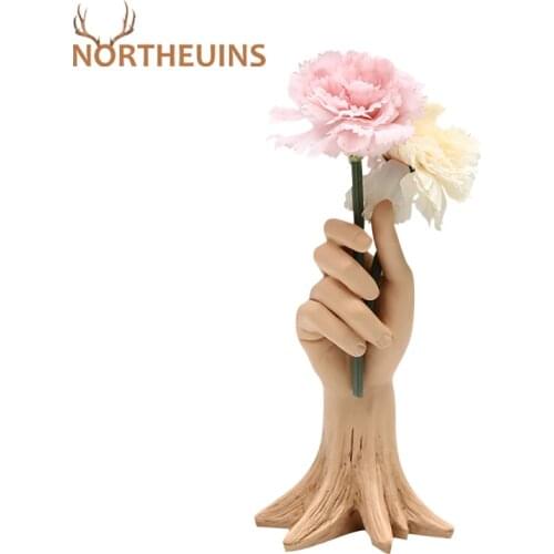 NORTHEUINS Resin Creative Hand Holding Vase Simulation Figurines Flower Arrangement Home Decoration Accessories Shelf Ornament