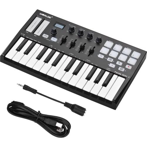 WORLDE Panda MINI II Portable 25-Key USB MIDI Keyboard Controller with 8 RGB Backlit Trigger Pads 4 Control Knobs 4 Sliders