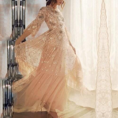 8661 heavy Nail New bead embroidery gauze dress waist horn sleeve fairy temperament group