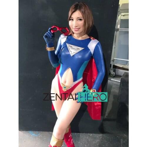 New Arrival Sexy Woman Hero Movie Costume Blue Shiny Bodysuit Metallic Zentai Leotard with Cape