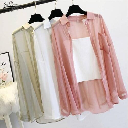 Solid Long Sleeve Female Clothing Tops Women Blouse Summer Sun Protection Clothes Casual Cardigan Shirt See-through blouse 9932