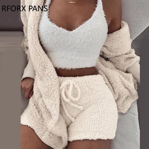 Fluffy Hooded Open Front Teddy Coat & Short Sets